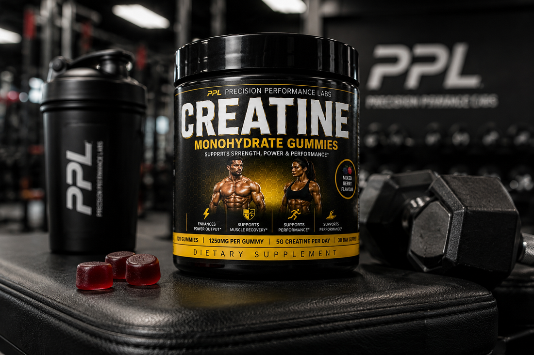 PPL Creatine Monohydrate Gummies on gym bench