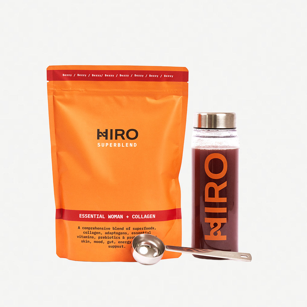 HIRO Superblend package, bottle, and scoop on a white background