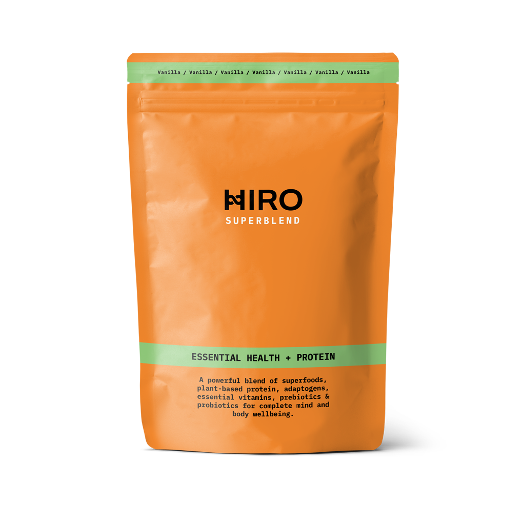 Orange package of HIRO Superblend protein powder on a white background