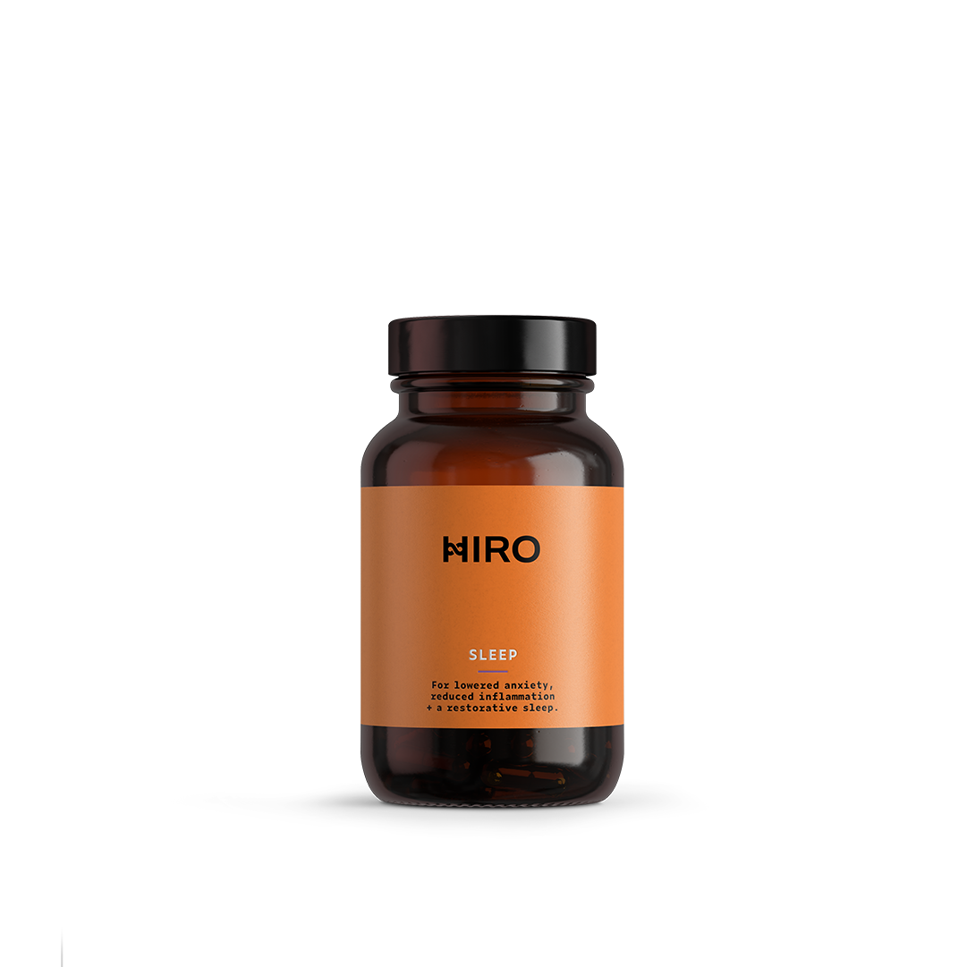 Brown supplement bottle with orange label featuring the brand 'HIRO' on a white background