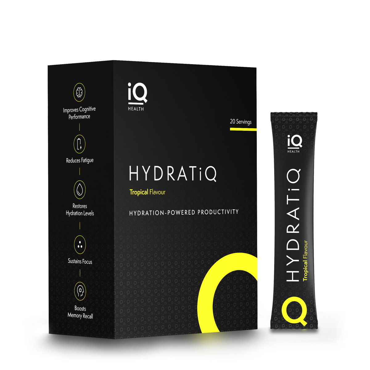 iQ Health HYDRATiQ packaging with a black box and yellow accents on a white background