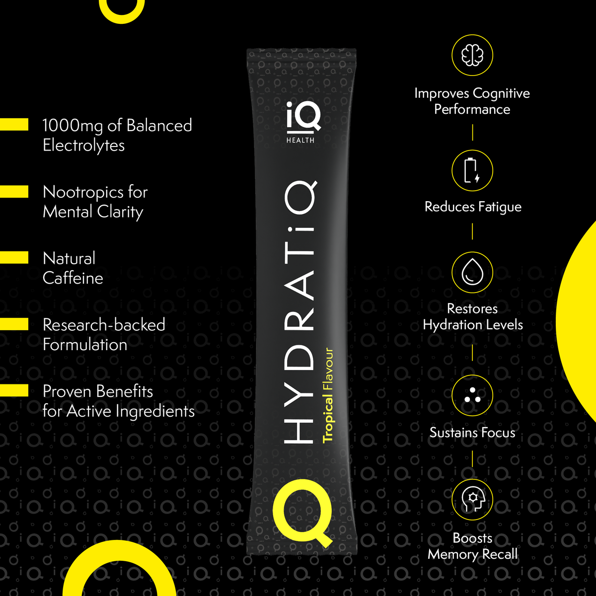 HYDRATIQ supplement stick pack with health benefits listed on a black background