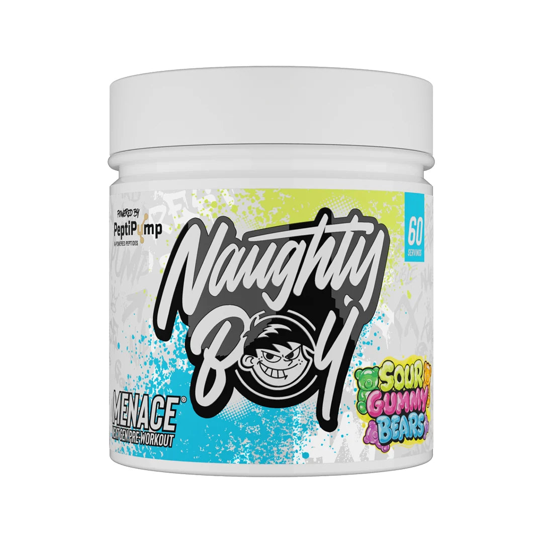 Container of 'Naughty Boy' Menace pre-workout supplement with colorful label on a white background