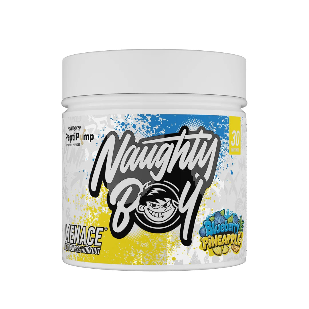 Container of Naughty Boy Menace supplement with colorful label on a white background
