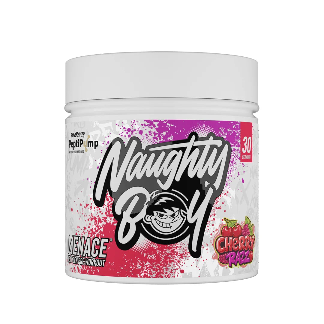 Naughty Boy Menace pre-workout powder container with cherry flavor on a white background