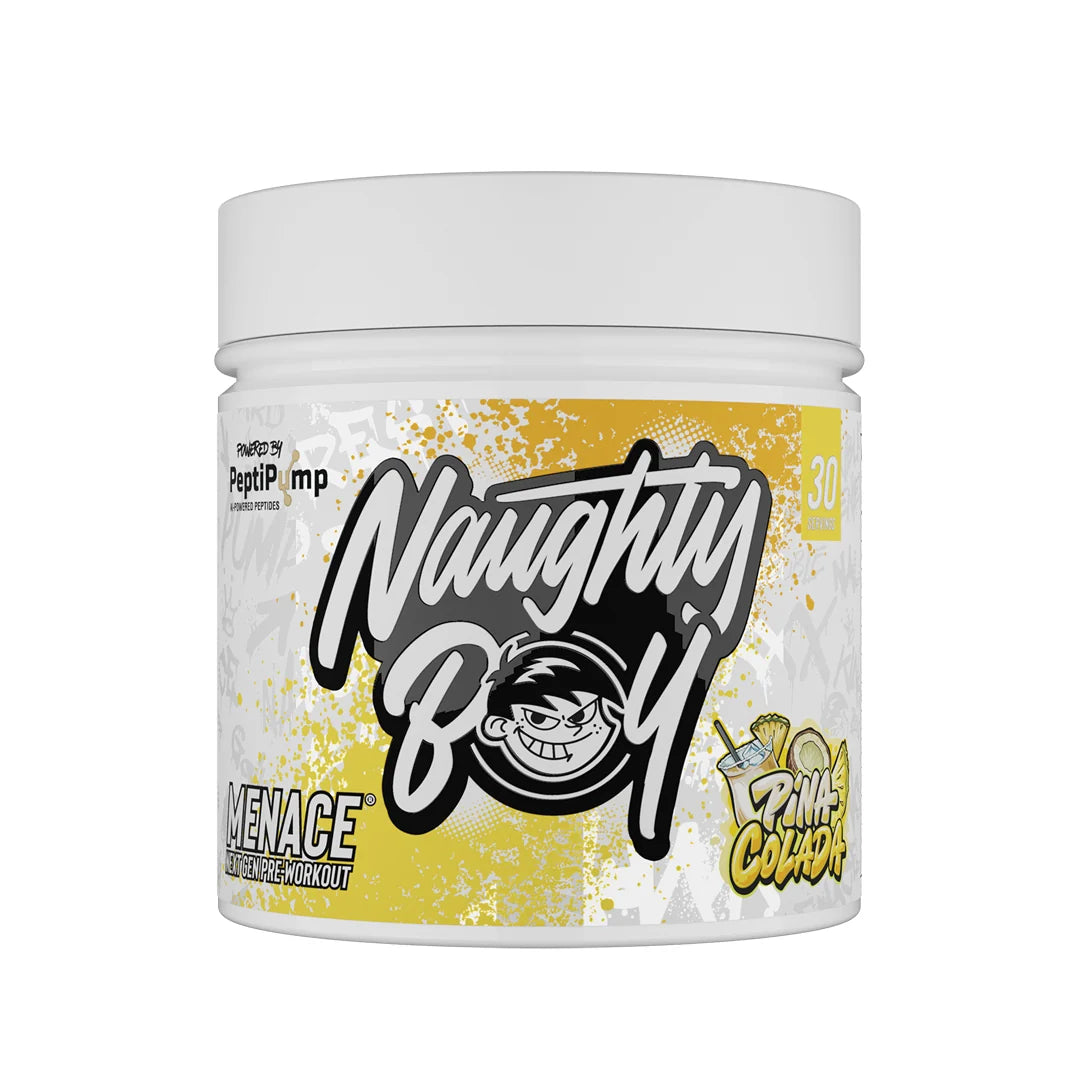 Naughty Boy Menace pre-workout powder container on a white background