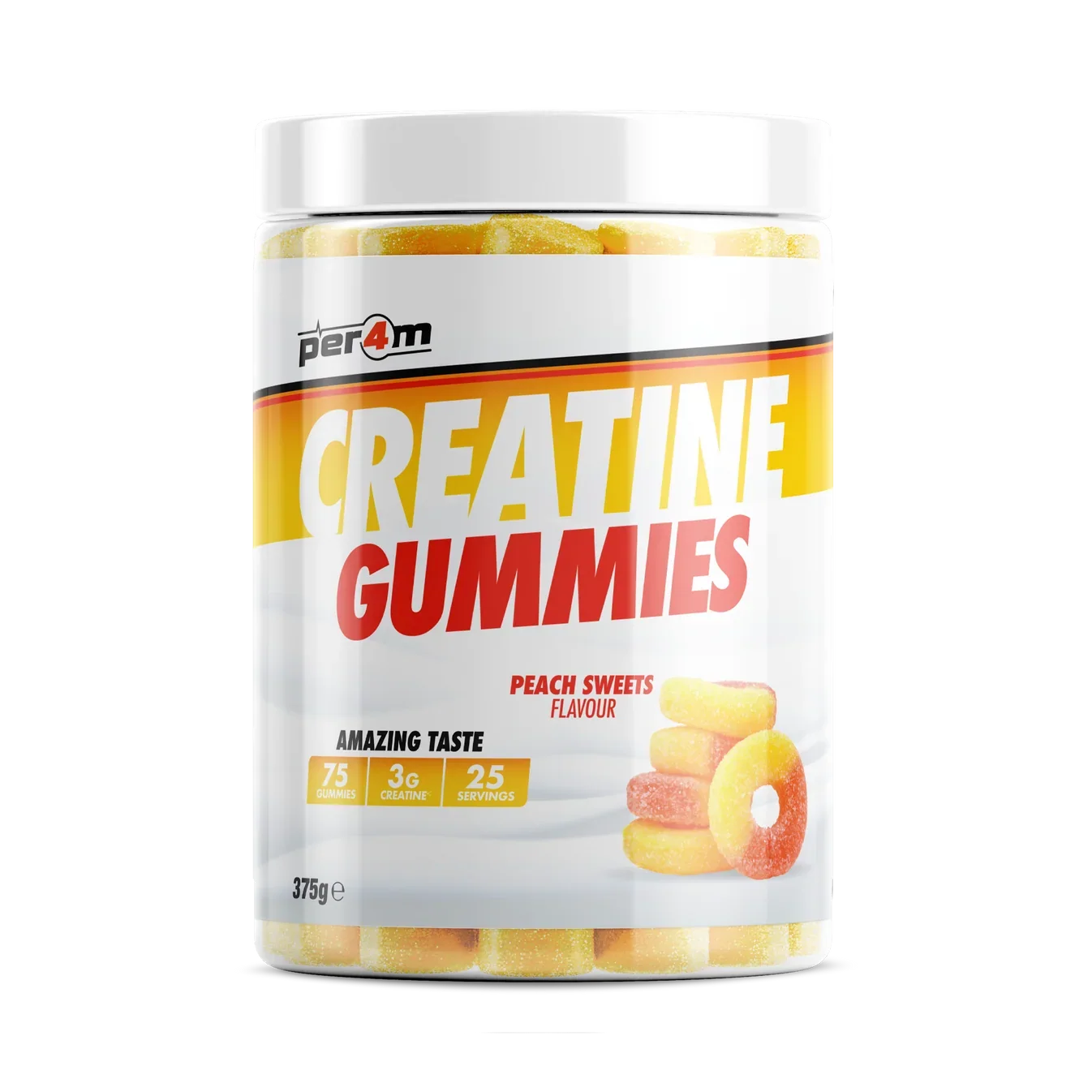 A white plastic tub of Per4m Creatine Gummies in Peach Sweets flavor, featuring a white label with yellow and red text and illustrations of peach gummies, set against a plain white background.