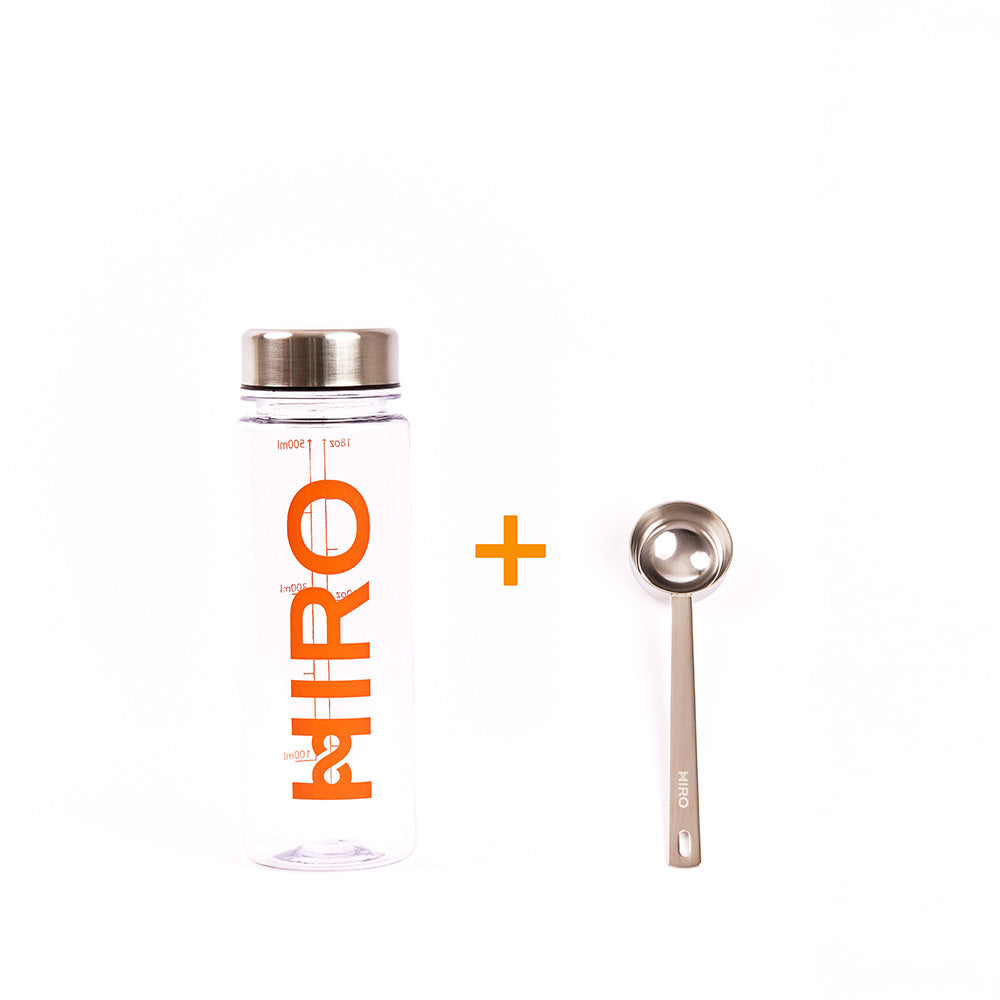 HIRO supplement container with a measuring spoon on a white background