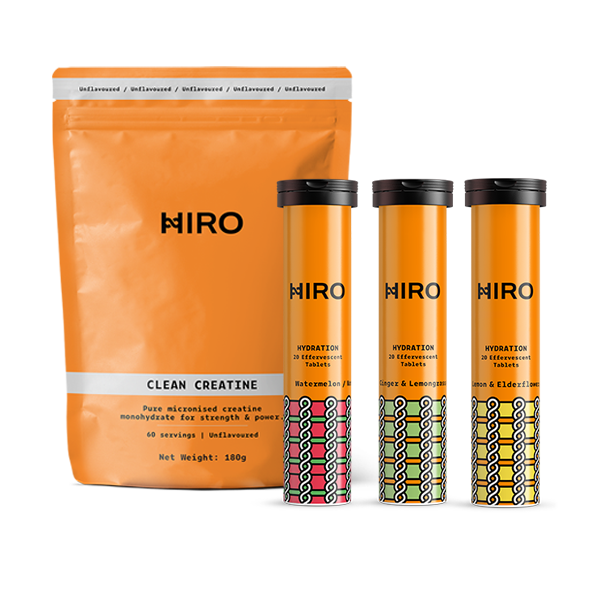 HIRO supplement package including an orange bag and three cylindrical containers on a white background