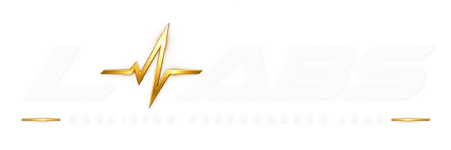 A stylized metallic gold logo with an EKG-like heartbeat line and the text 'LAVALS' in large translucent letters, plus smaller text reading 'PRECISION PERFORMANCE LABS' on a white background.