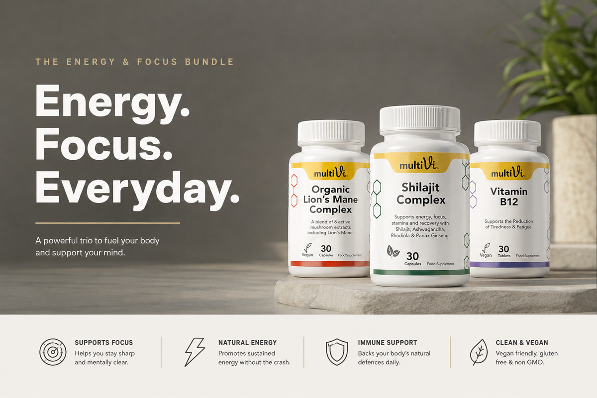 Three supplement bottles from multiVi arranged on a stone surface with promotional text on the left: Energy. Focus.